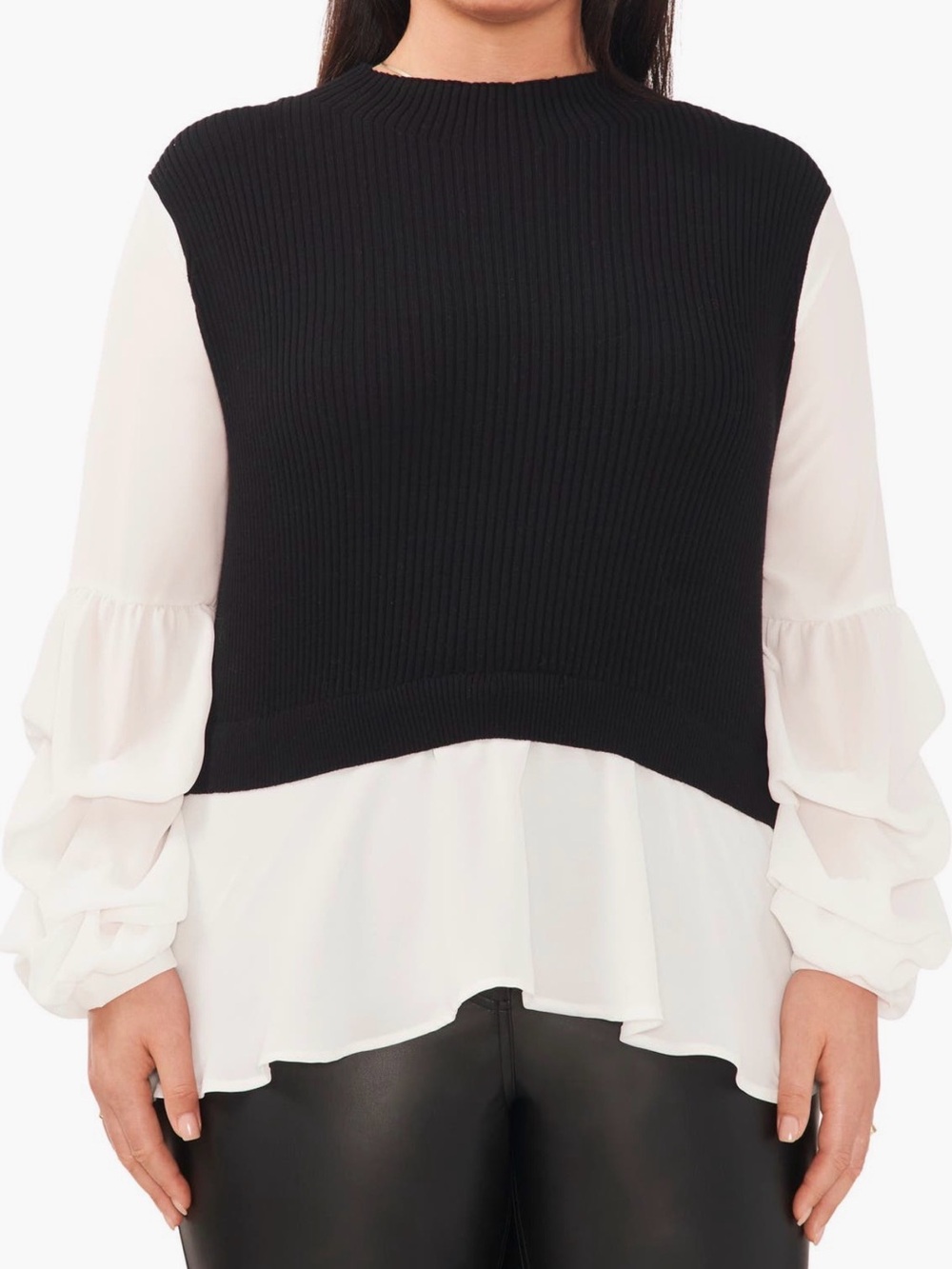 Hologen Black Knit Layered Sweater Top with White Ruffled Blouse Detail